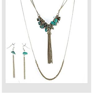 Necklace Earrings Shell Womens Gold Turquoise Multi Layer Chain Tassel 19"L